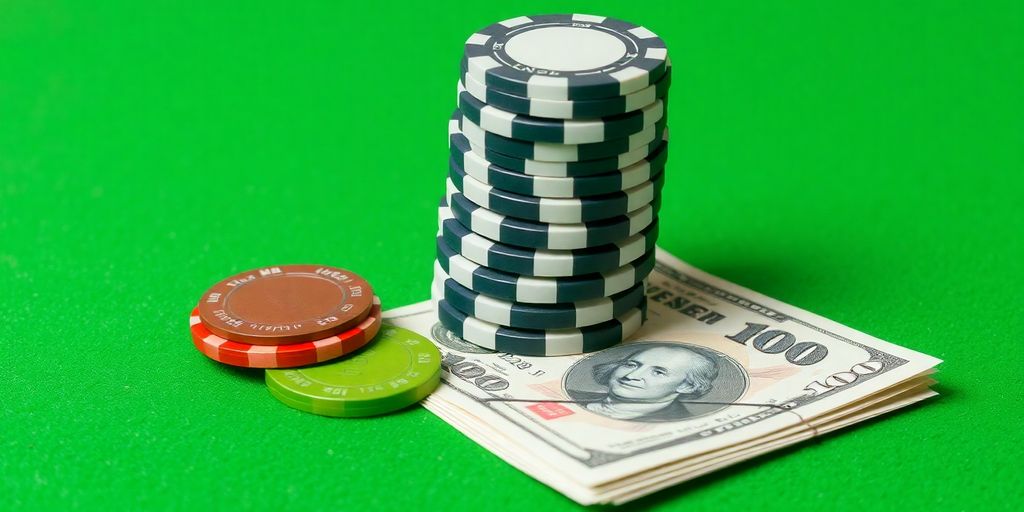 Money stacks and casino chips on a green felt surface.