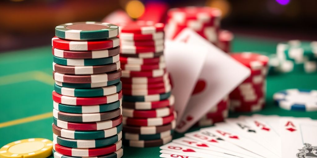 Money rising with poker chips and cards.