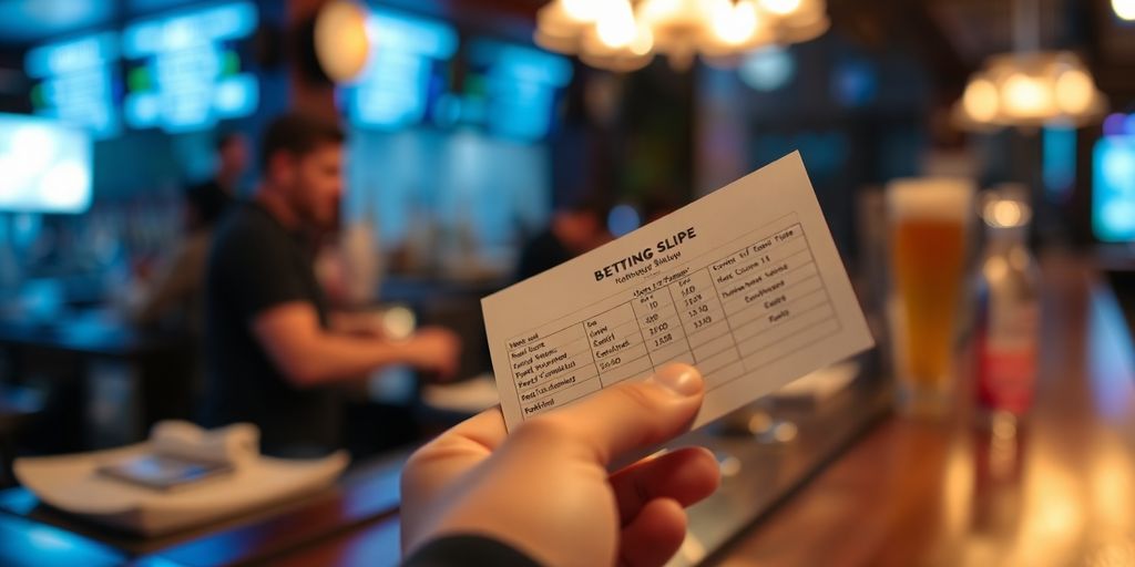 A person at a bar, blurry, holding a betting slip.