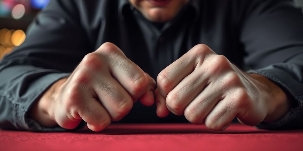 Frustrated gambler throws hands up in sports betting loss.