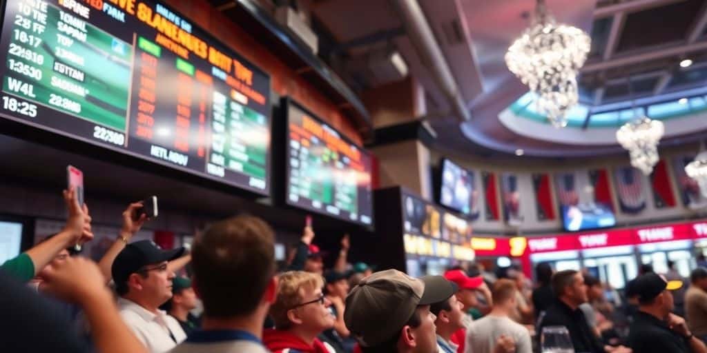 Energetic sports fans in a lively betting environment.