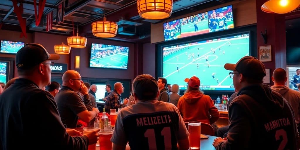 Fans enjoying sports betting at a lively Manitoba bar.