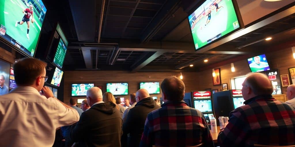 Bettors engaged in live sports betting at a bar.
