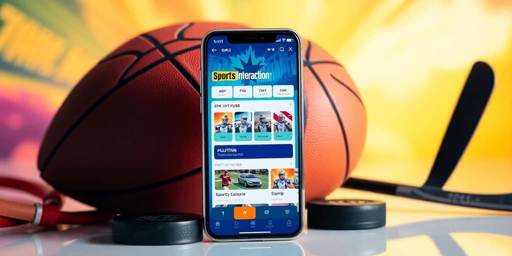 Smartphone with Sports Interaction Canada app and sports equipment.