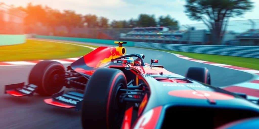 Formula One car racing on track with vibrant colors.