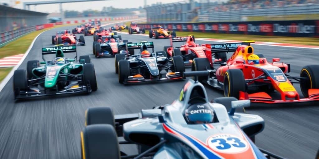 Formula One cars racing on a circuit during a competition.