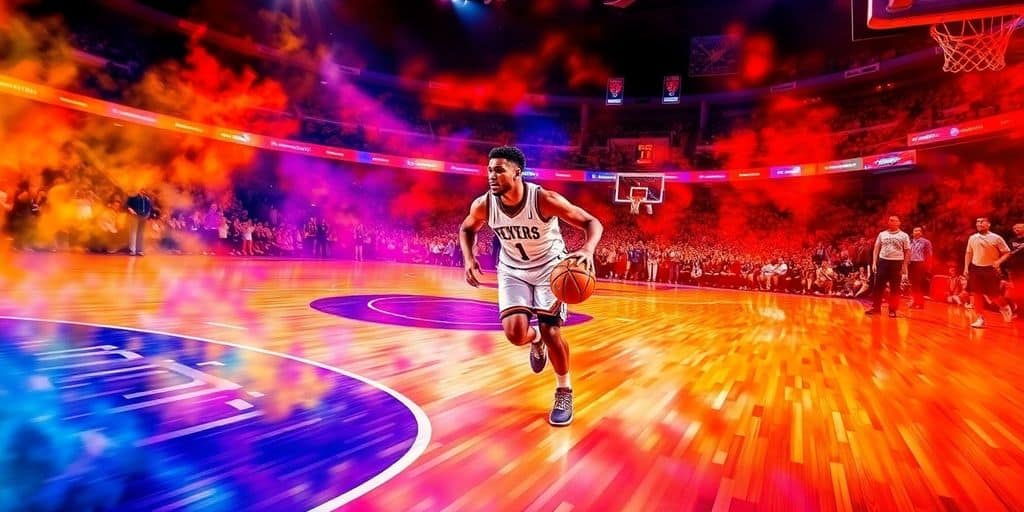 Basketball player in action on a vibrant court.