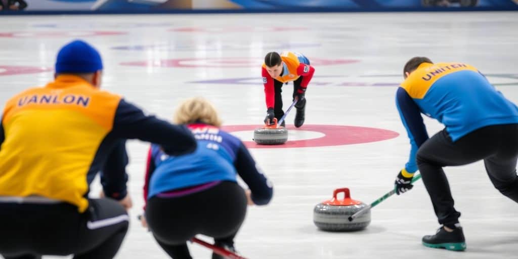 Curling players on ice, showcasing action and teamwork.