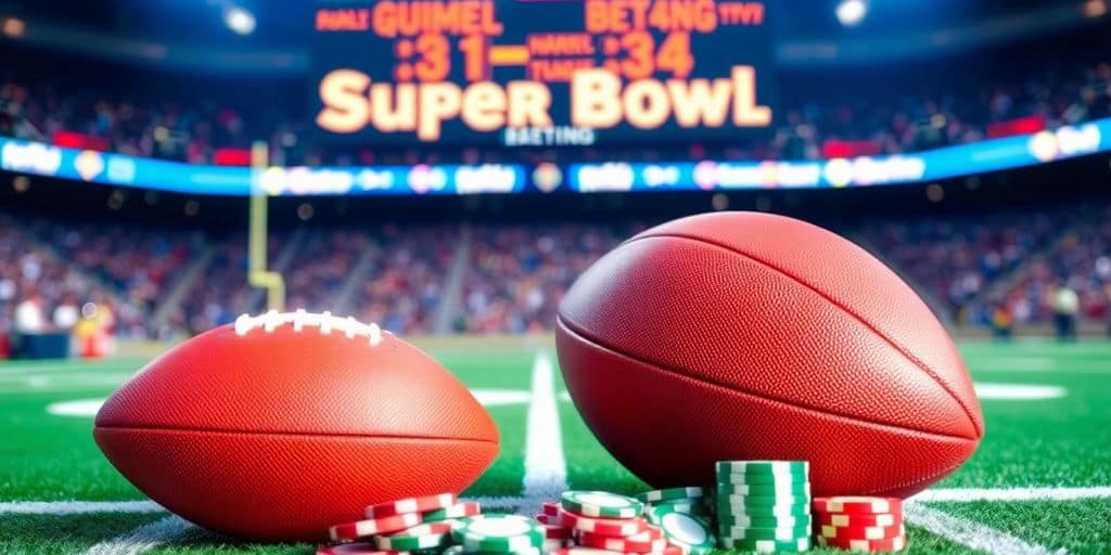Football, betting chips, and scoreboard in stadium setting.