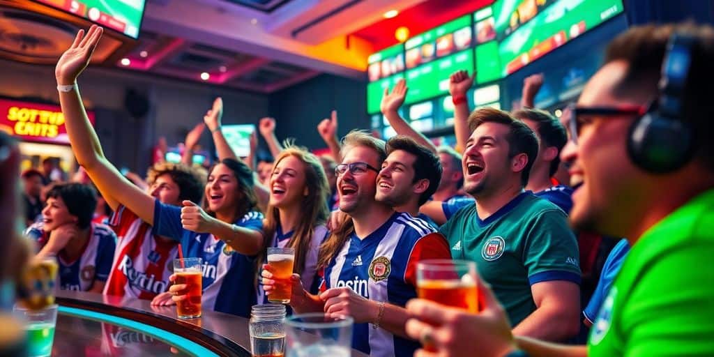 Excited fans enjoying a sports betting event together.