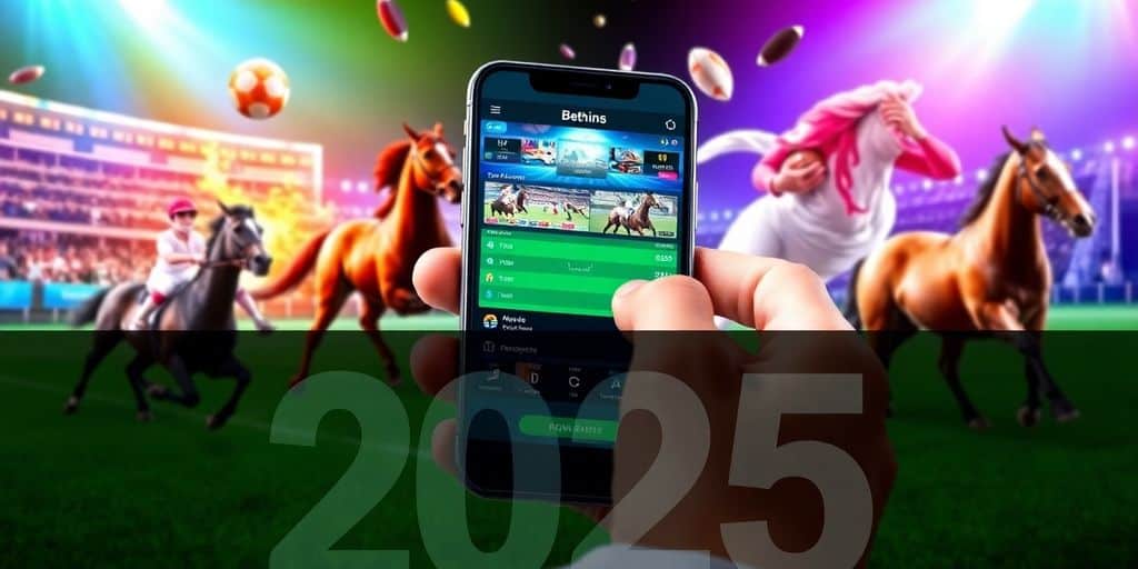 Person betting on smartphone with sports visuals around.