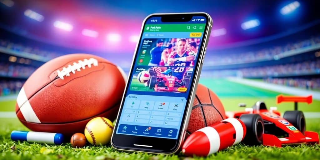 Smartphone with sports betting app and sports memorabilia.