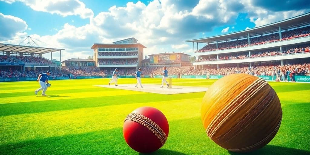 Cricket players in action during a match on the field.